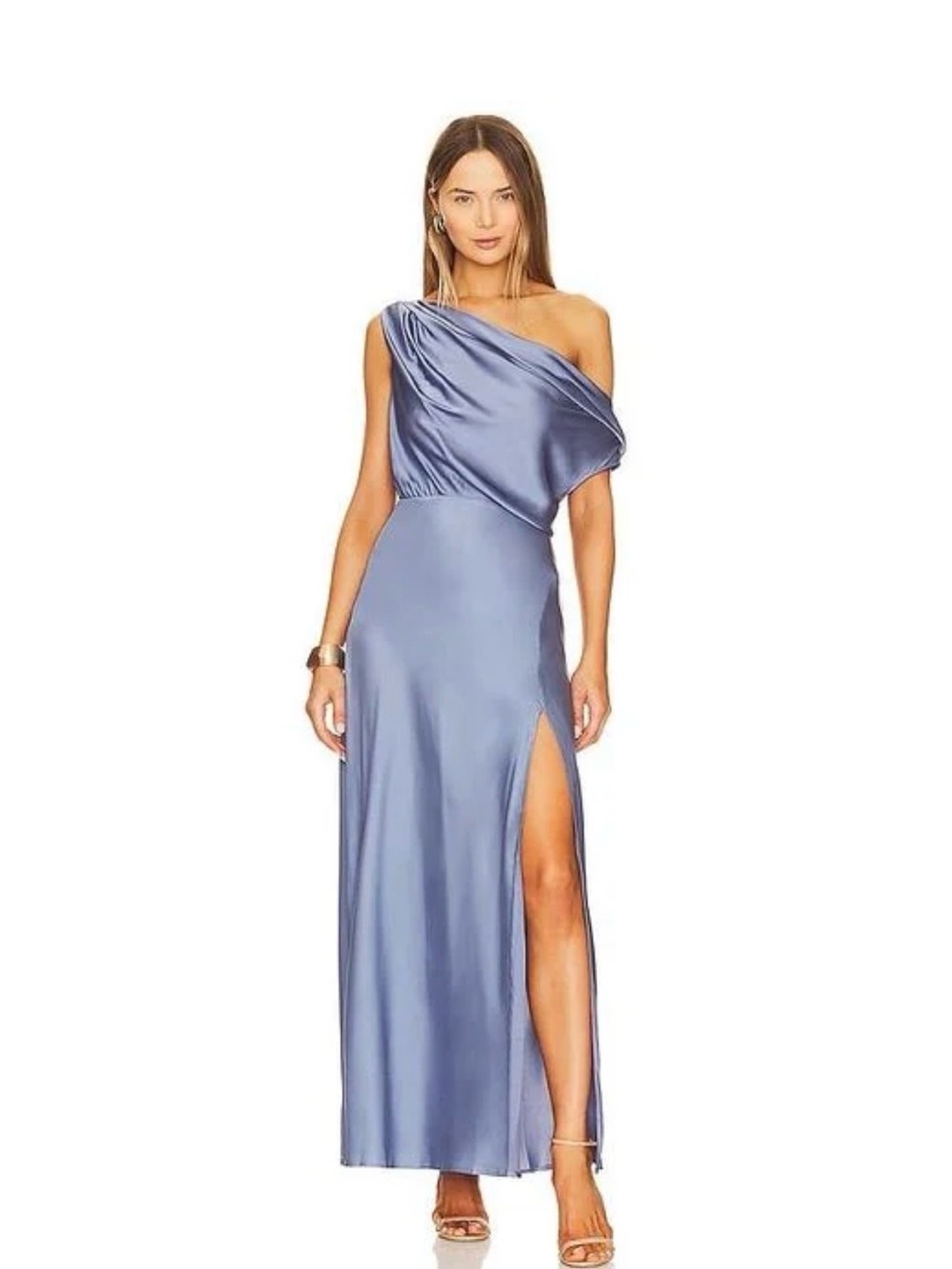 Astr One-Shoulder Satin Gown in Slate